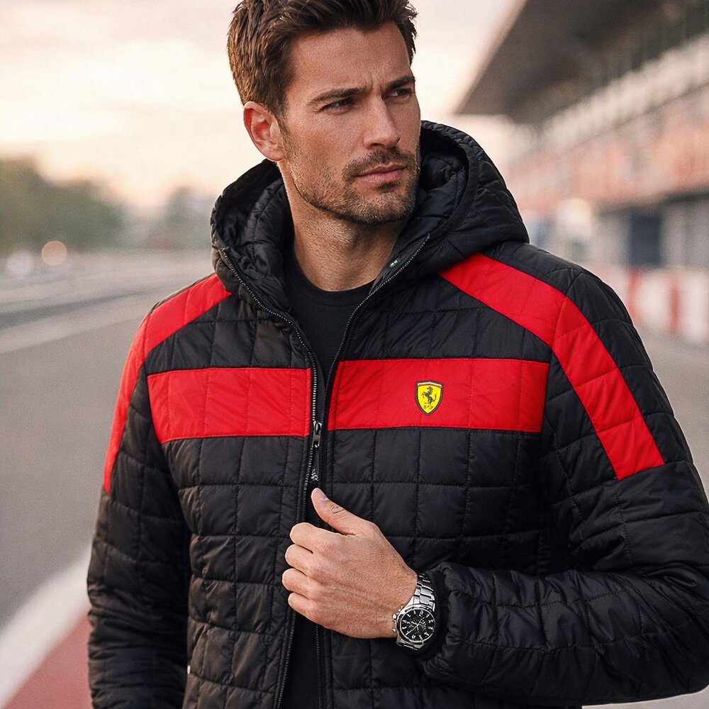 Ferrari Scuderia Quilted Hooded Puffer Bomber Racing Jacket Shield Logo Med NWOT